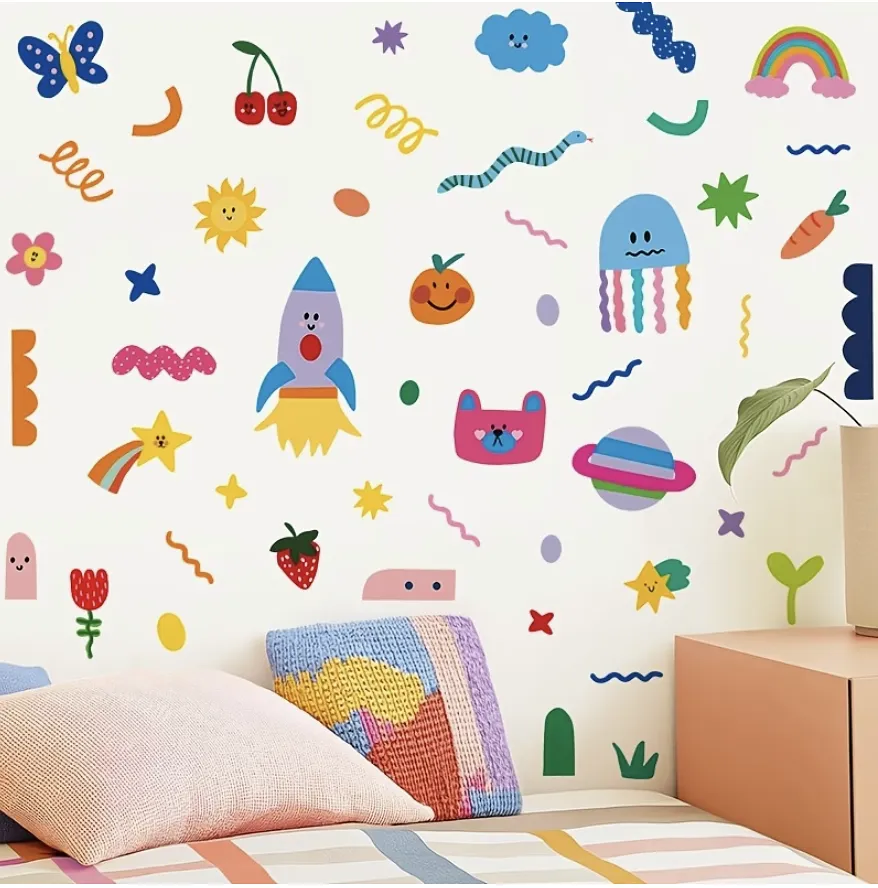 50 pegatinas de pared figuras infantiles variadas, pulpo, cohete, gato