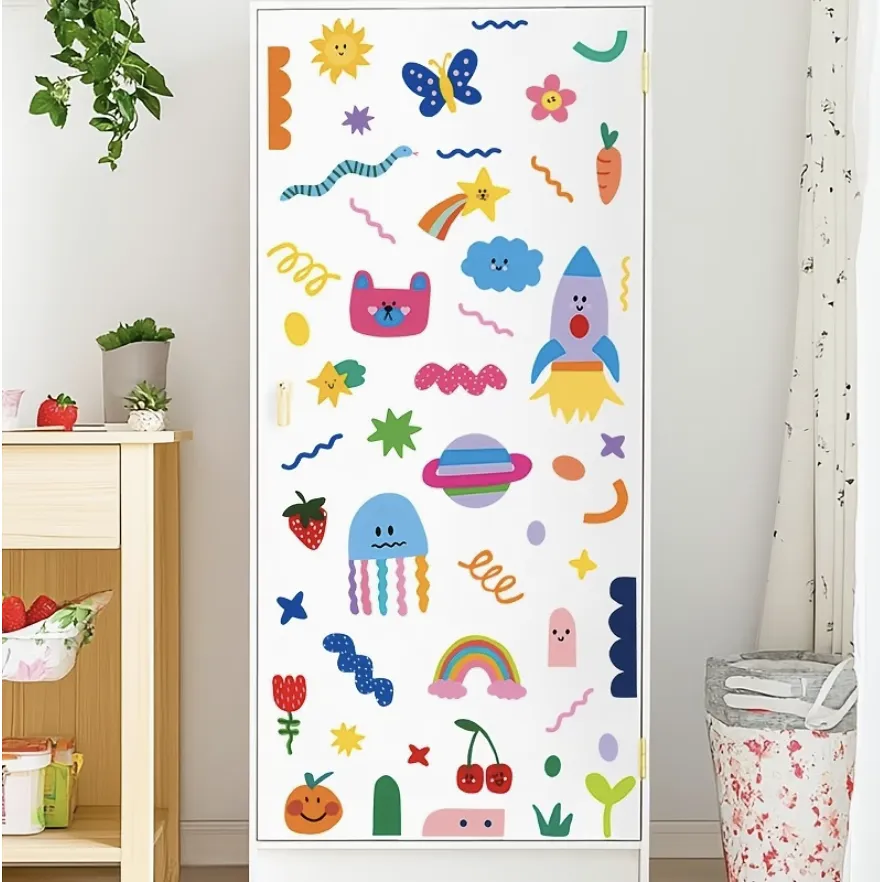 50 pegatinas de pared figuras infantiles variadas, pulpo, cohete, gato