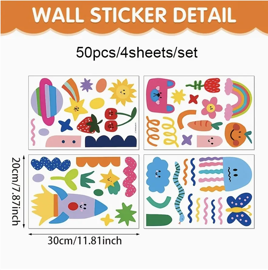 50 pegatinas de pared figuras infantiles variadas, pulpo, cohete, gato